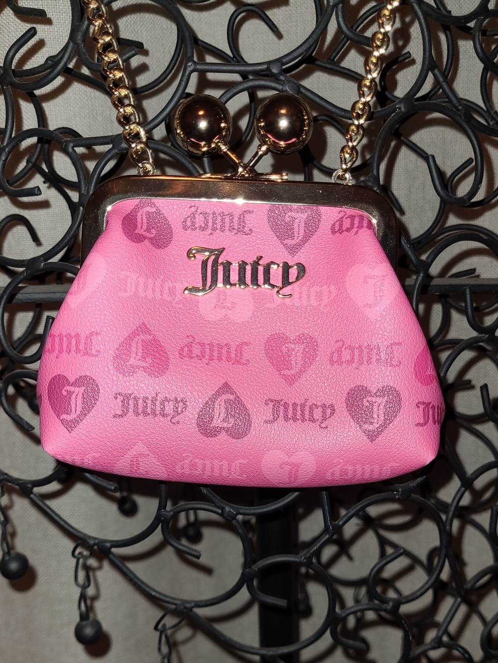 Juicy Couture Pink Logo Heart Kiss-Lock Mini Bag with Gold Chain